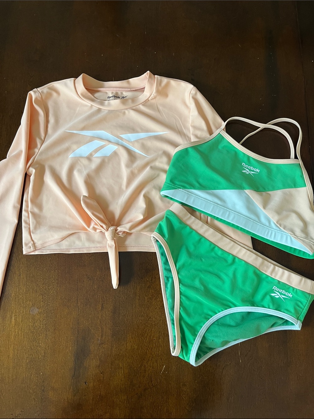 Reebok Peach Long-Sleeve Rash Guard & Green Two-Piece Swim Bikini Set